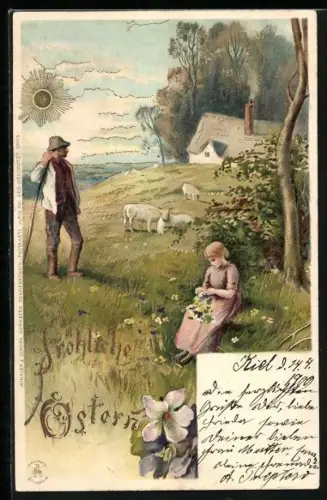 Sonnenschein-AK Schafhirte mit Fräulein auf der Alm