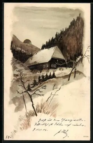 Sonnenschein-AK Haus im Schnee mit untergehender goldener Sonne