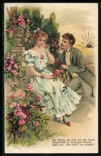 Sonnenschein-AK Liebespaar mit Rosen, goldene Sonne, Gedicht