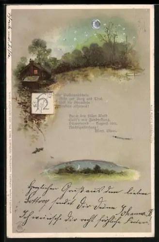 Sonnenschein-AK Landschaftsbilder mit silbernem Mond u. Sternen, Haus, Gedicht