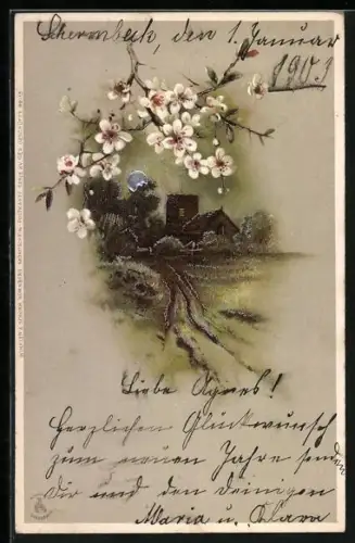 Lithographie Dorfidyll und Baumblüte