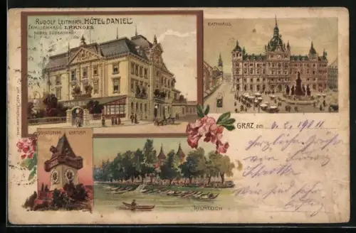 Lithographie Graz, Rudolf Leitner`s Hotel Daniel, Rathaus, Hilmteich und Schlossberg Uhrturm