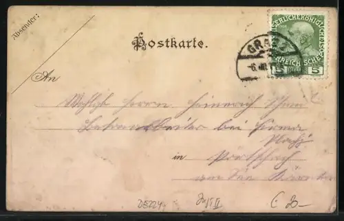 Lithographie Graz, Rudolf Leitner`s Hotel Daniel, Rathaus, Hilmteich und Schlossberg Uhrturm