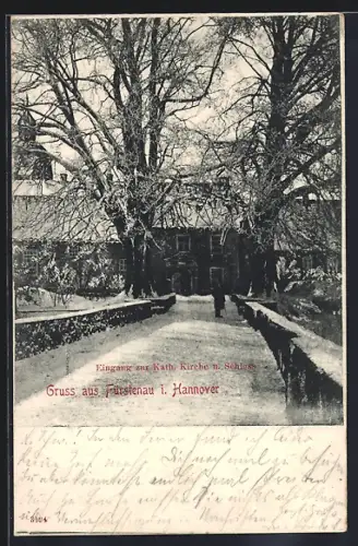 AK Fürstenau i. Hannover, Eingang zur Kath. Kirche und Schloss