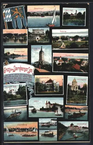 AK Seeshaupt, Starnberger See, Bismarckturm, Votivkapelle, verschiedene Ortsansichten