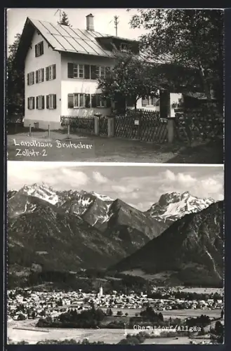 AK Oberstdorf /Allgäu, Landhaus Burtscher, Ortsansicht, Alpenpanorama