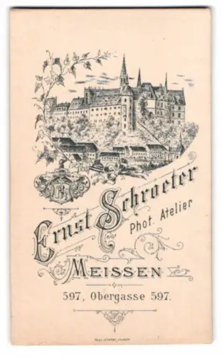Fotografie Ernst Schroeter, Meissen, Ansicht Meissen, Blick nach der Albrechtsburg nebst kgl. Wappen