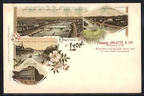 Lithographie Lyon, Souvenir de Lyon avec vues des ponts du Rhône et du Grand Théâtre