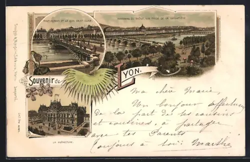 Lithographie Lyon, Pont Morand, La Préfectur, Panorama du Rhône