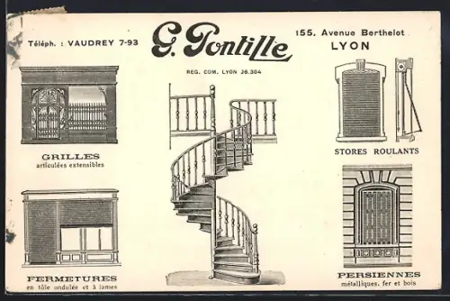 AK Lyon, Publicité pour G. Pontille, grilles, stores, persiennes et escaliers en spirale
