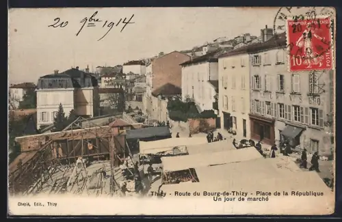 AK Thizy, Route du Bourg-de-Thizy, Place de la République, Un jour de marché