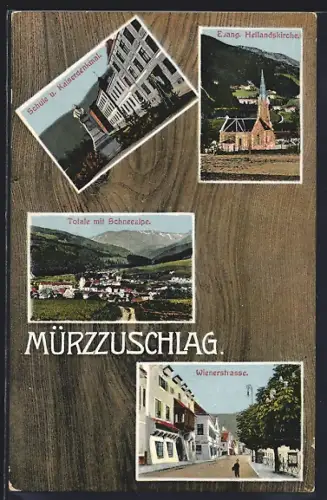 AK Mürzzuschlag, Schule und Kaiserdenkmal, Evangelische Heilandskirche, Wienerstrasse, Panorama
