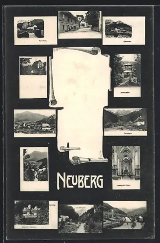 AK Neuberg, Kaiserl. Jagdschloss, Strassenpartie mit Gasthof, Ortsansicht, Pergamentbogen
