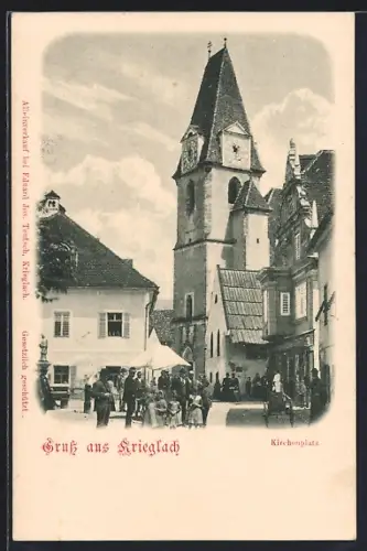 AK Krieglach, Kirchenplatz mit Kirche u. kleiner Versammlung