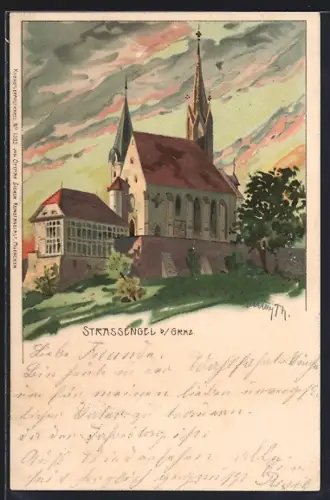 Künstler-AK Strassengel b. Graz, Kirche mit Nebengebäude