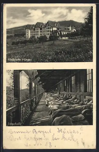 AK Hörgas, Heilstätte mit Bergpanorama, Liegehalle mit Patienten