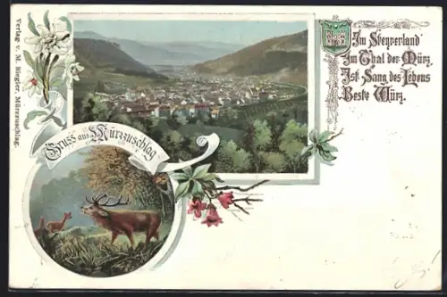 AK Mürzzuschlag, Gesamtansicht, Rehe im Wald