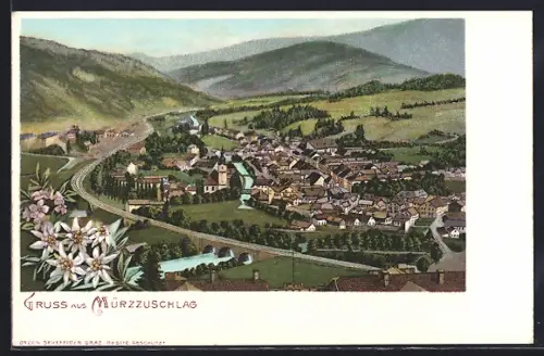 Lithographie Mürzzuschlag, Gesamtansicht mit Eisenbahnbrücke und Bergen aus der Vogelschau, Edelweiss