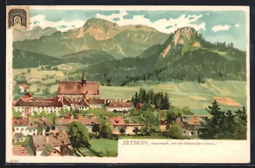 Lithographie Neuberg /Mürz, Ortspanorama mit der Schneealpe