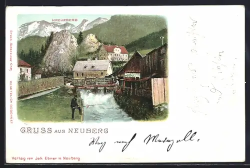 AK Neuberg /Mürz, Flusspartie mit Kreuzberg