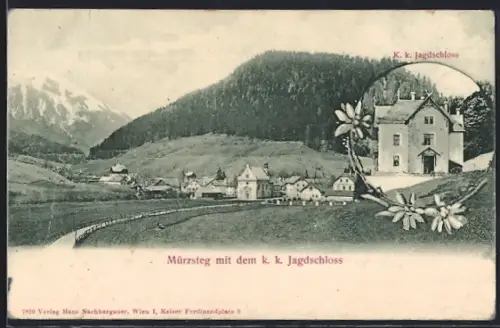 AK Mürzsteg, Ortspartie mit dem k. k. Jagdschloss