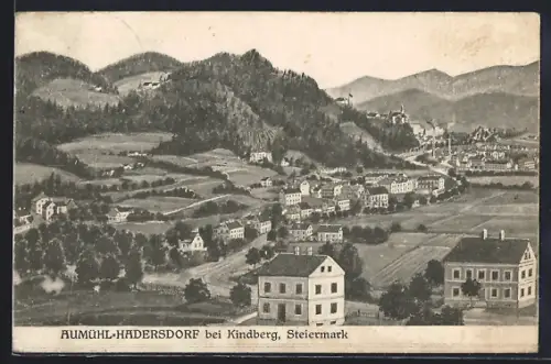 AK Aumühl-Hadersdorf bei Kindberg, Gesamtansicht mit Bergpanorama aus der Vogelschau