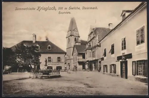AK Krieglach, Hauptplatz mit Gasthaus Schaumberger, Brunnen und Turm