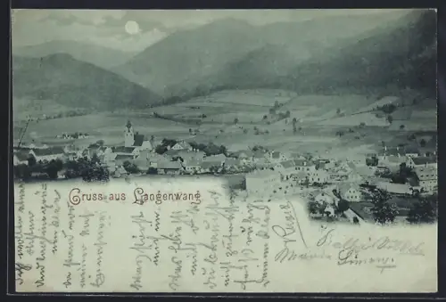 Mondschein-AK Langenwang, Gesamtansicht mit Feldern u. Bergpanorama aus der Vogelschau