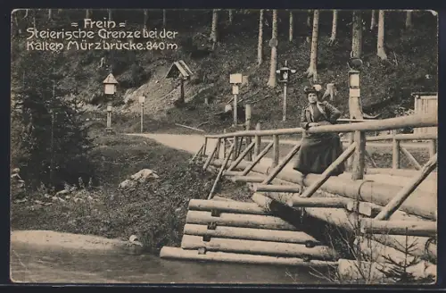 AK Frein, Wanderin auf der Brücke an der Steierischen Grenze