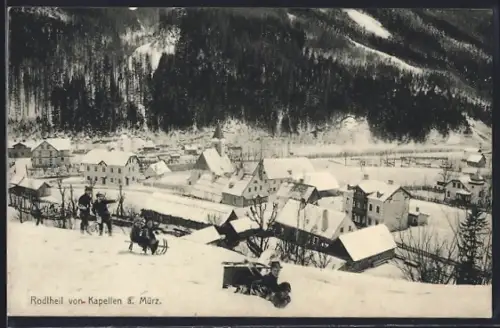 AK Kapellen a. Mürz, Totalansicht mit Rodelschlitten im Winter