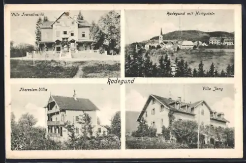 AK Radegund, Villen Jany, Transilvania, Theresien, Ortsansicht mit Nowystein