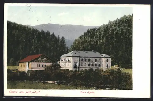 AK Judendorf, Hotel Styria mit Strasse u. Bergpanorama
