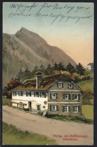 Künstler-AK Hieflau, Gasthaus mit Zwölferkogel