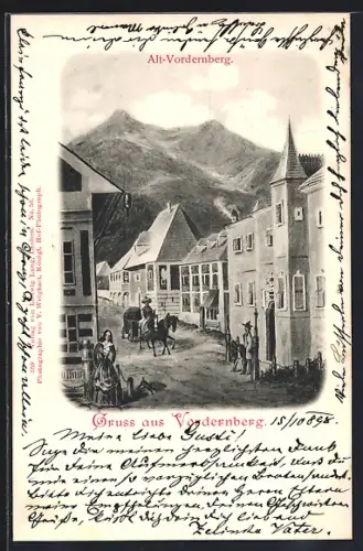Künstler-AK Vordernberg, Ortspartie mit Blick zum Bergmassiv