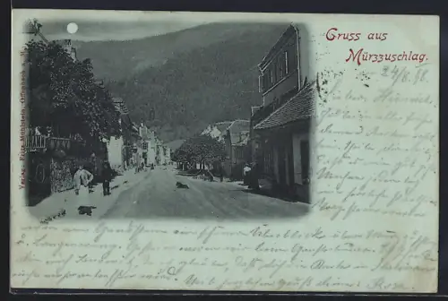 Mondschein-AK Mürzzuschlag, Ortspartie mit Passanten