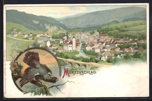 Lithographie Mürzzuschlag, Totale und Auerhahn