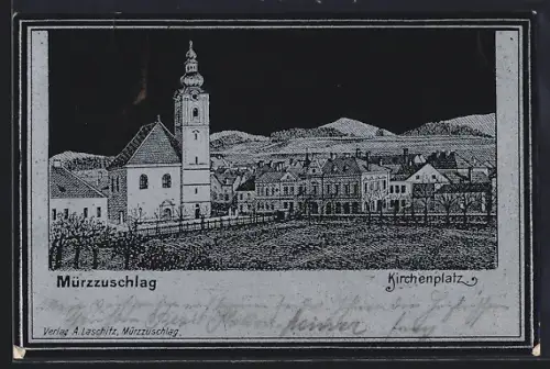 Künstler-AK Mürzzuschlag, Sicht auf den Kirchenplatz