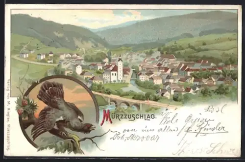 Lithographie Mürzzuschlag, Totale und Auerhahn