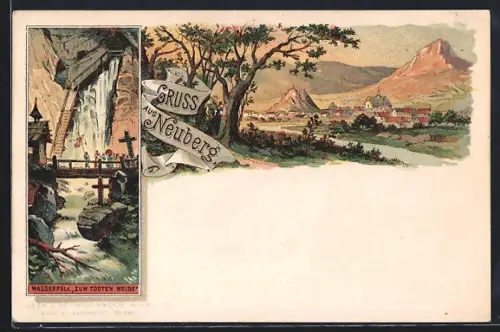 Lithographie Neuberg, Ortsansicht und Wasserfall Zum Todten Weibe