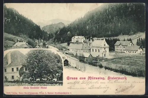 AK Mürzsteg, Hotel Alois Grabner, Ortsansicht