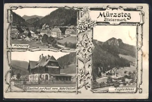 AK Mürzsteg, Gasthaus zur Post, Jagdschloss, Ortsansicht