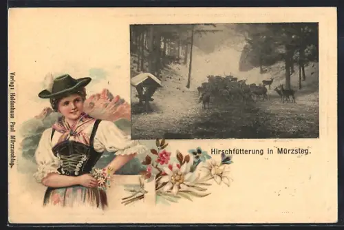 Passepartout-Lithographie Mürzsteg, Hirschfütterung, Dame in Tracht