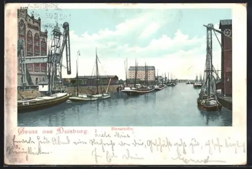 AK Duisburg, Binnenhafen, Speicher, Kräne, Schiffe