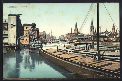 AK Duisburg, Hafen, Schiffe, Speichergebäude