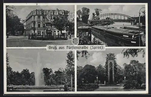 AK Fürstenwalde /Spree, Brücke, Springbrunnen, Denkmal, Strassenansicht