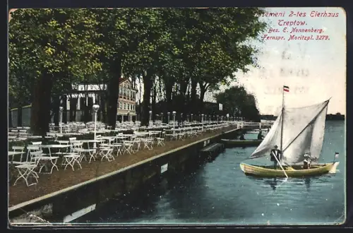 AK Berlin-Treptow, Restaurant 2-tes Eierhaus, Gasthaus, Inh. E. Monnenberg, Biergarten, Segelboot