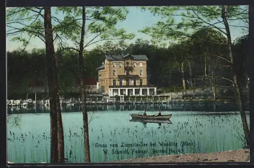 AK Liepnitz-See bei Wandlitz /Mark, Seeansicht mit Boot und Hotel