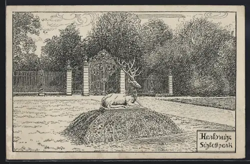 Künstler-AK Karlsruhe, Schlosspark, Hirschskulptur, Eingangstor