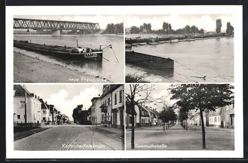 AK Karlsruhe-Knielingen, Neue Rheinbrücke, Schiffbrücke, Reinmuthstrasse
