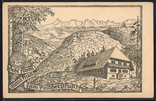 Künstler-AK Feldberg / Schwarzwald, Bausteinkarte für dan neue Haus des Touristenverein Die Naturfreunde